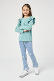 GY2837 MINT Girls Ruffled Long Sleeve Pocketed T Shirt Side