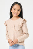 GY2837 OATMEAL Girls Ruffled Long Sleeve Pocketed T Shirt Front