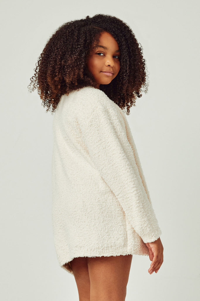 GY2854 IVORY Girls Textured Soft Open Sweater Knit Cardigan Back