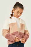 GY5076 MAUVE Girls Soft Fleece Color Blocked Zip Up Bolero Jacket Detail