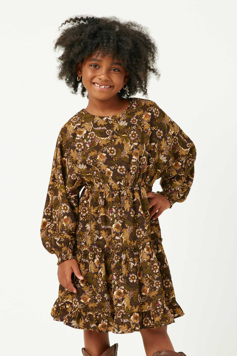 GY5105 OLIVE Girls Printed Dolman Sleeve Tiered Skirt Dress Front