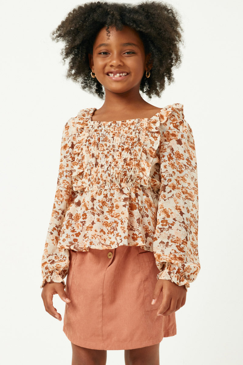 GY5160 BROWN Girls Ruffled Detailed Smocked Square Neck Long Sleeve Peplum Front