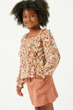 GY5160 BROWN Girls Ruffled Detailed Smocked Square Neck Long Sleeve Peplum Side