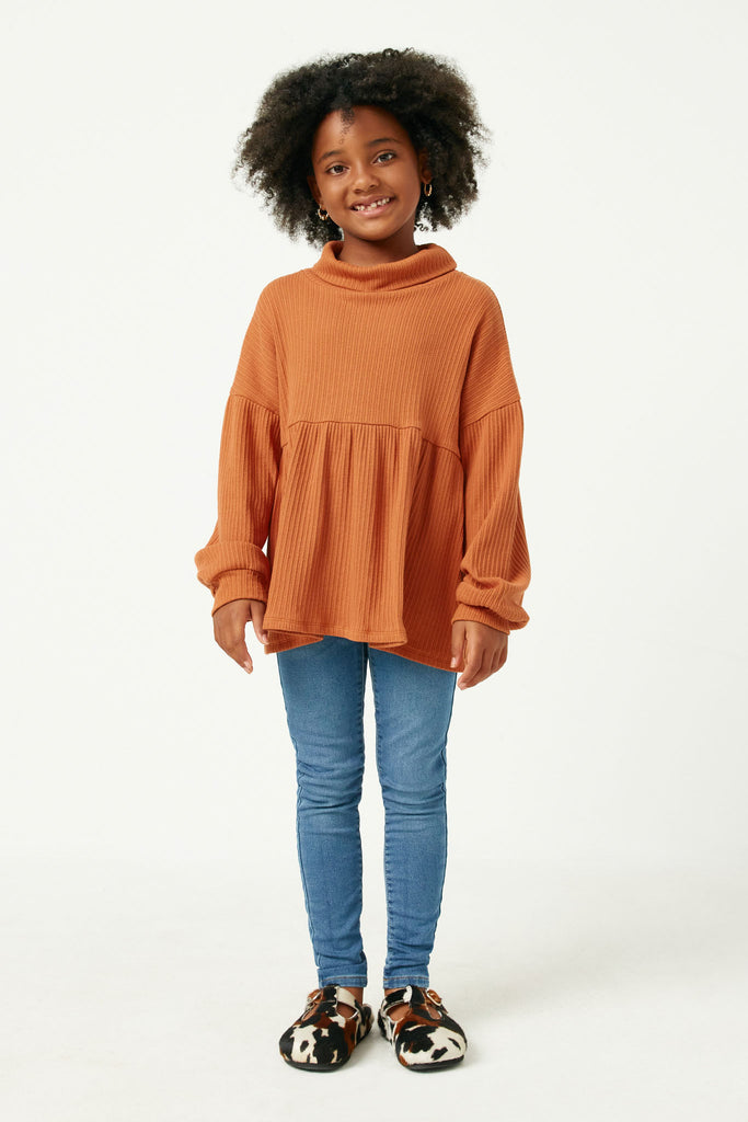 GY5187 RUST Girls Ribbed Mock Neck Long Sleeve Knit Top Full Body