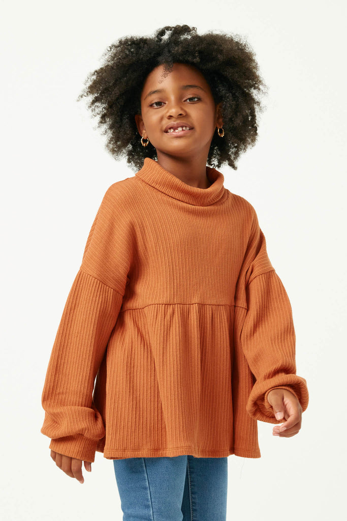 GY5187 RUST Girls Ribbed Mock Neck Long Sleeve Knit Top Detail