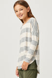 GY5192 GREY Girls Brushed Long Sleeve Stripe Shirt Tail Hem Top Side