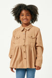 GY5203 TAUPE Girls Long Sleeve Textured Pinstripe Peplum Button Up Shirt Front