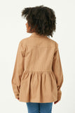 GY5203 TAUPE Girls Long Sleeve Textured Pinstripe Peplum Button Up Shirt Back