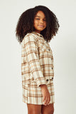 GY5249 BEIGE Girls Brushed Plaid Wide Sleeve Patch Pocket Shacket Detail