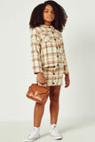 GY5249 BEIGE Girls Brushed Plaid Wide Sleeve Patch Pocket Shacket Full Body