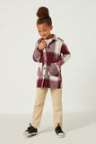 GY5257 BURGUNDY Girls Plaid Button Up Patch Pocket Coat Full Body