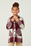 GY5257 BURGUNDY Girls Plaid Button Up Patch Pocket Coat Front