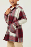 GY5257 BURGUNDY Girls Plaid Button Up Patch Pocket Coat Back