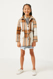 GY5257 CAMEL Girls Plaid Button Up Patch Pocket Coat Full Body