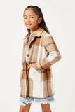 GY5257 CAMEL Girls Plaid Button Up Patch Pocket Coat Side