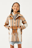GY5257 CAMEL Girls Plaid Button Up Patch Pocket Coat Front