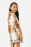 GY5257 CAMEL Girls Plaid Button Up Patch Pocket Coat Back