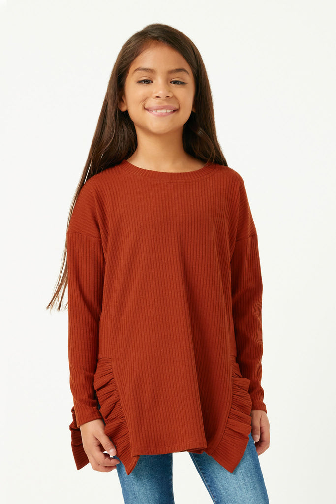 GY5300 RUST Girls Ribbed Long Sleeve Ruffle Side Slit Knit T Shirt Front