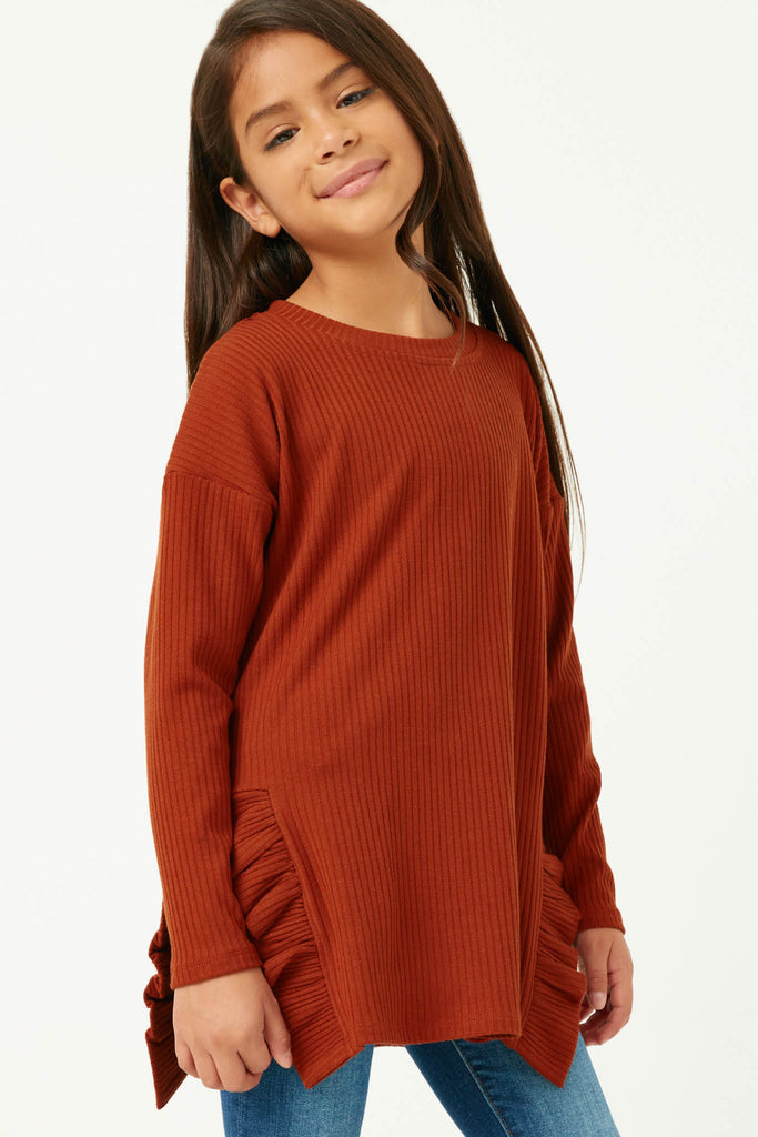 GY5300 RUST Girls Ribbed Long Sleeve Ruffle Side Slit Knit T Shirt Front 2