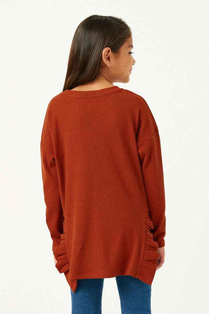 GY5300 RUST Girls Ribbed Long Sleeve Ruffle Side Slit Knit T Shirt Back