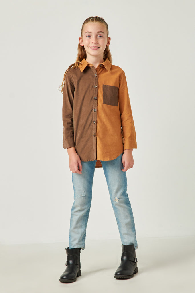 GY5303 BROWN_MIX Girls Color Block Button Up Corduroy Shirt Full Body
