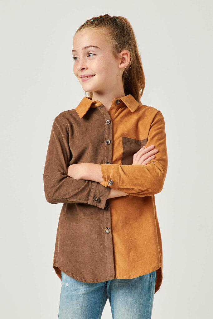 GY5303 BROWN_MIX Girls Color Block Button Up Corduroy Shirt Detail