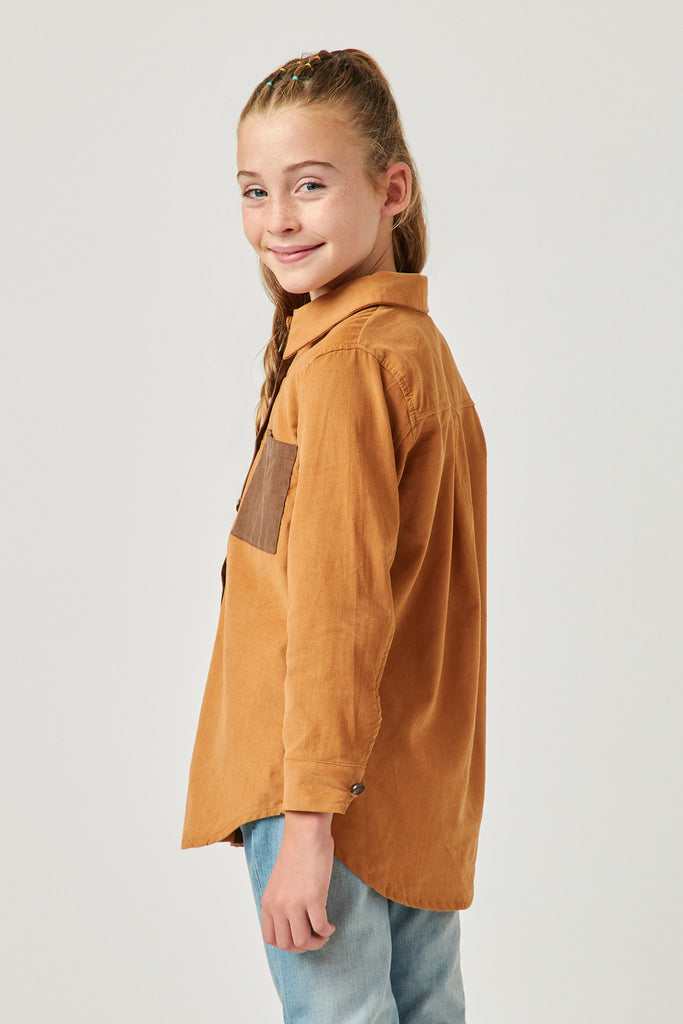 GY5303 BROWN_MIX Girls Color Block Button Up Corduroy Shirt Back