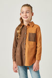 GY5303 BROWN_MIX Girls Color Block Button Up Corduroy Shirt Front