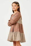 GY5344 BROWN Girls Checker Block Square Neck Long Sleeve Dress Front