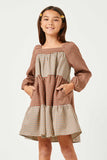 GY5344 BROWN Girls Checker Block Square Neck Long Sleeve Dress Side
