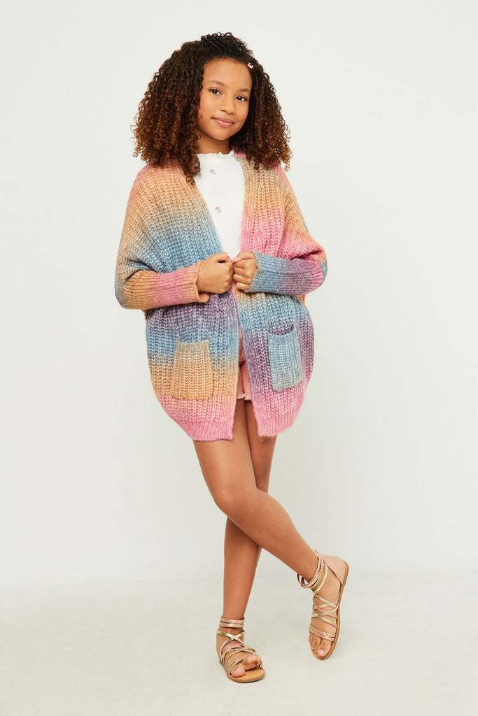 GY5386 Pink Girls Ombre Striped Chunky Knit Oversize Cardigan Full Body