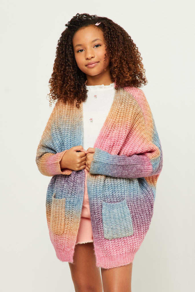 GY5386 Pink Girls Ombre Striped Chunky Knit Oversize Cardigan Front