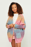 GY5386 Pink Girls Ombre Striped Chunky Knit Oversize Cardigan Front