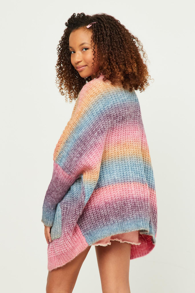 GY5386 Pink Girls Ombre Striped Chunky Knit Oversize Cardigan Back
