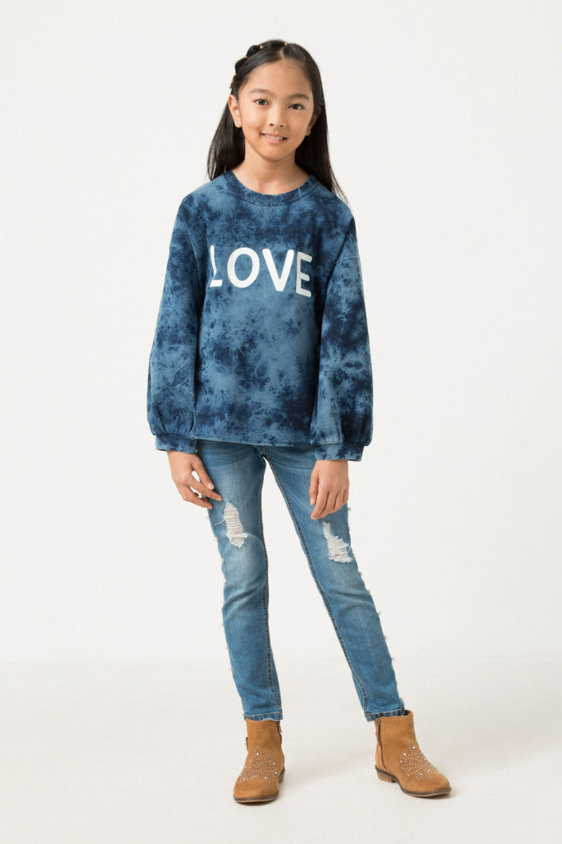 GY5389 BLUE Girls Love Print Garment Washed Long Sleeve Top Full Body