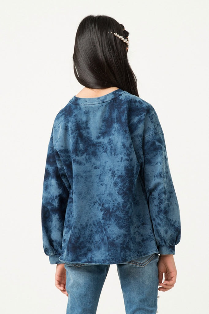 GY5389 BLUE Girls Love Print Garment Washed Long Sleeve Top Back
