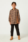 GY5409 BROWN Girls Contrast Panel Plaid Button Up Dolman Shirt Full Body