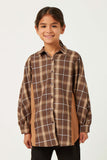 GY5409 BROWN Girls Contrast Panel Plaid Button Up Dolman Shirt Front