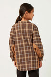 GY5409 BROWN Girls Contrast Panel Plaid Button Up Dolman Shirt Back