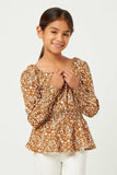 GY5419 CAMEL Girls Exaggerated Smocked Cuff Peplum Top Front