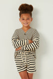 GY5501 OATMEAL Girls Contrast Stripe Sleeve Buttoned Cardigan Front