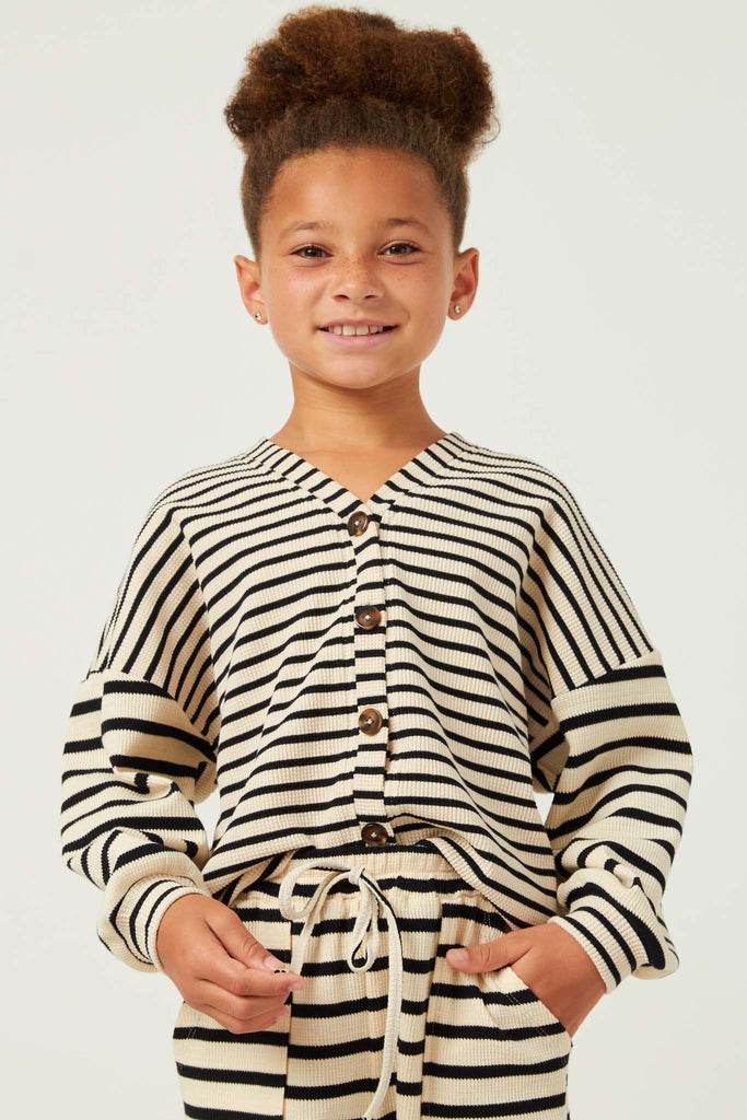 GY5501 OATMEAL Girls Contrast Stripe Sleeve Buttoned Cardigan Detail
