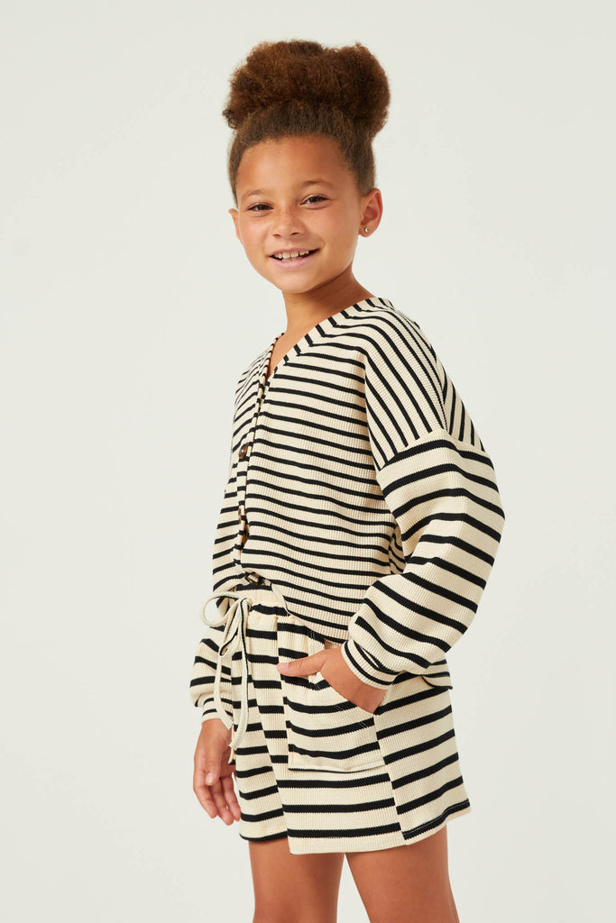 GY5501 OATMEAL Girls Contrast Stripe Sleeve Buttoned Cardigan Side
