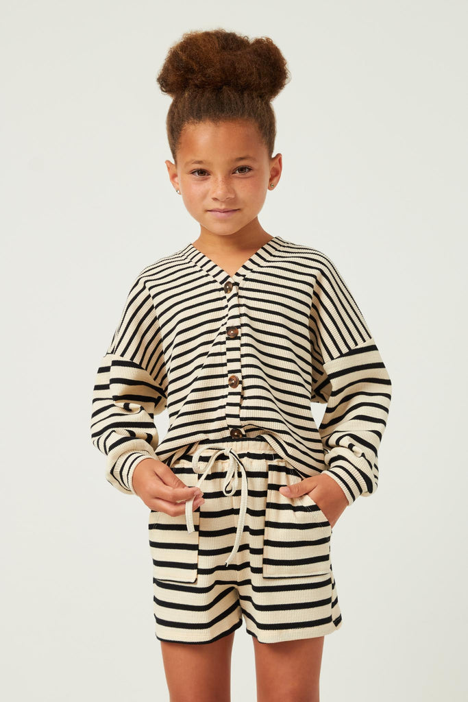 GY5501 OATMEAL Girls Contrast Stripe Sleeve Buttoned Cardigan Front 2