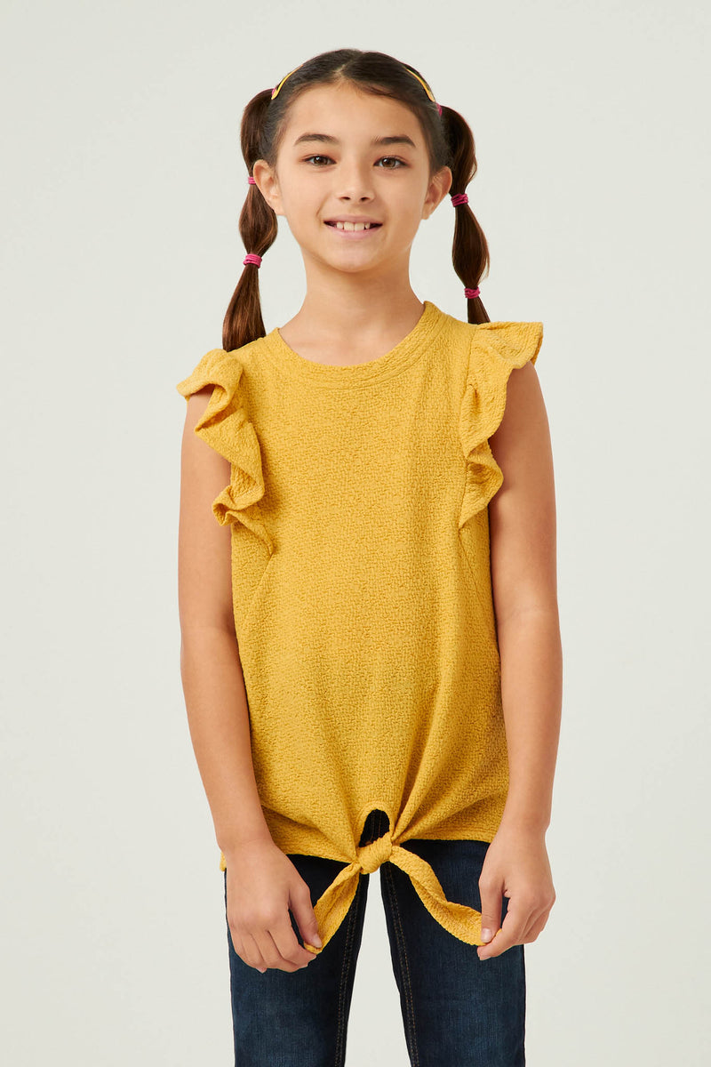 GY5557 YELLLOW Girls Textured Knit Ruffled Tie Front Tank Top Front