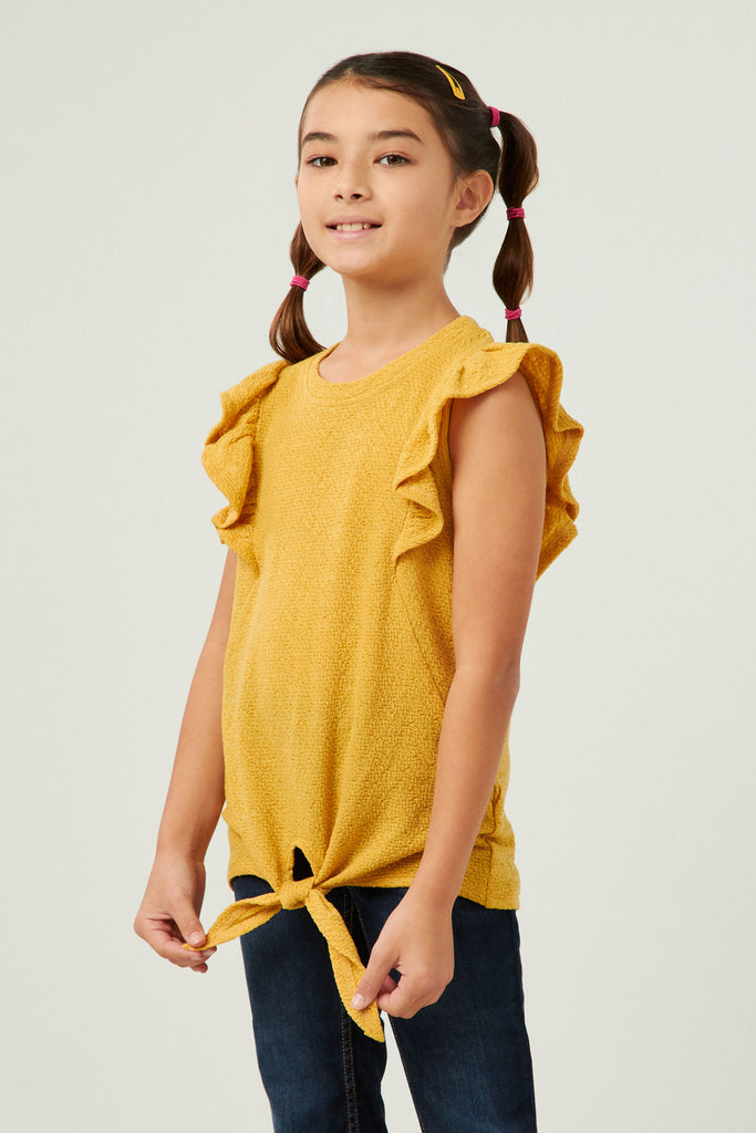GY5557 YELLLOW Girls Textured Knit Ruffled Tie Front Tank Top Side