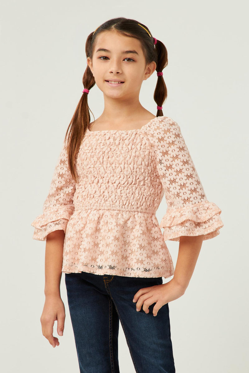 GY5617 BLUSH Girls Lurex Floral Lace Smocked Bell Sleeve Top Front