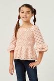 GY5617 BLUSH Girls Lurex Floral Lace Smocked Bell Sleeve Top Front