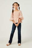 GY5617 BLUSH Girls Lurex Floral Lace Smocked Bell Sleeve Top Full Body