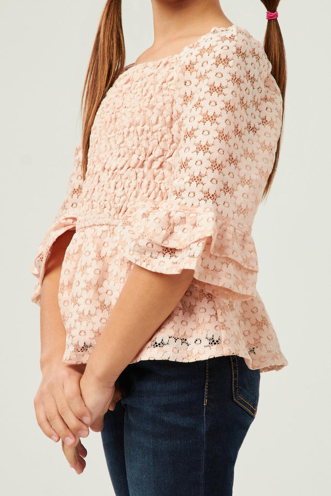 GY5617 BLUSH Girls Lurex Floral Lace Smocked Bell Sleeve Top Detail